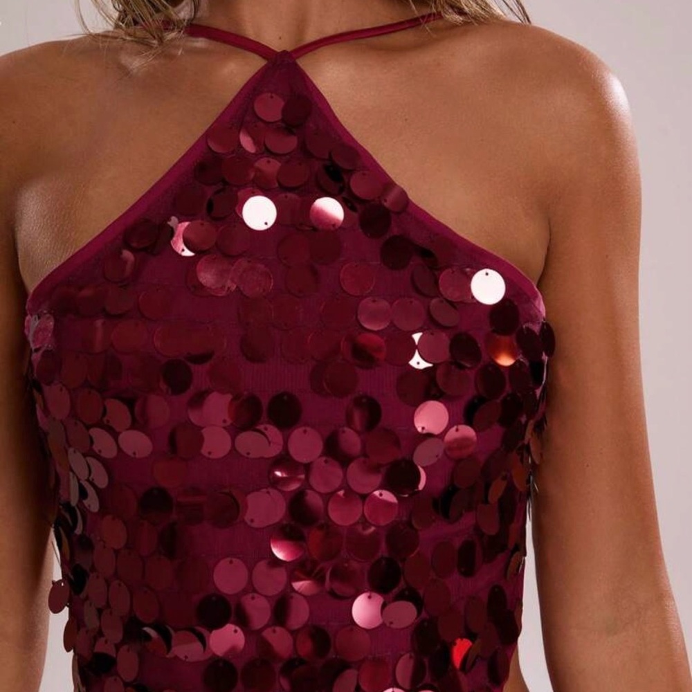 SHEIN Burngundy Sequin Backless Halter Crop Top